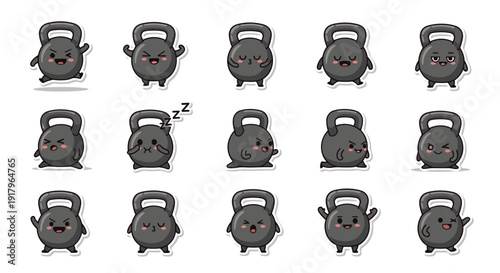 Cute kettlebell characters expressing various emotions and actions  