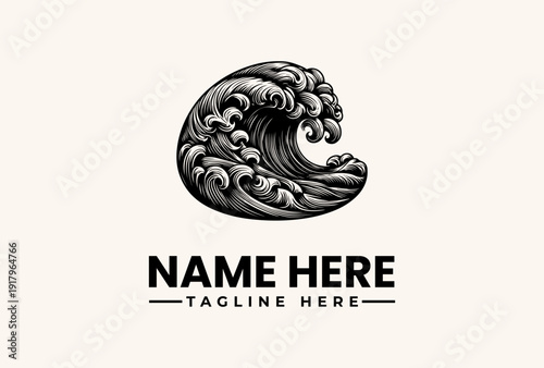 A black and white illustration of a wave logo with a sample name and tagline on a clean white background.
