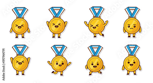 Cartoon gold medals with various expressions and poses  