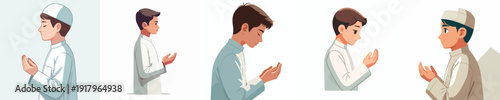 half body vector of a little Muslim boy gesture praying the month of Ramadan side view
