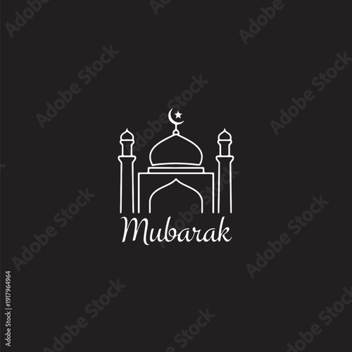 Eid Mubarak Mosque Vector Design with Islamic Architecture Dome Minaret and Calligraphy Text on Black Background