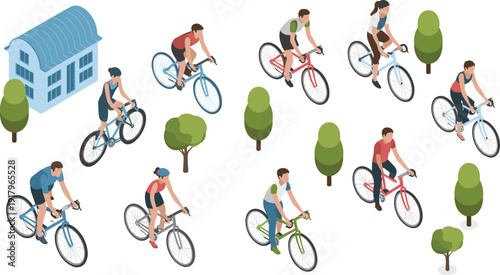 Isometric cyclists riding bicycles in city park, urban fitness and eco friendly transportation illustration with diverse people and trees