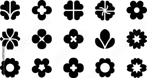 Black and white flower shapes with various petals and centers flowers symbols
