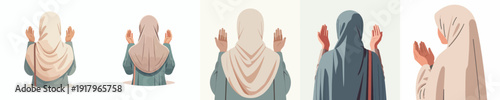 half body vector of a Muslim woman standing gesture praying the month of Ramadan back view