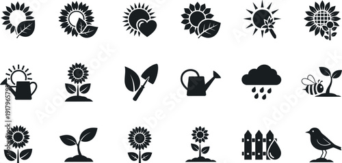Black and white gardening with sunflowers plants leaves watering can bird