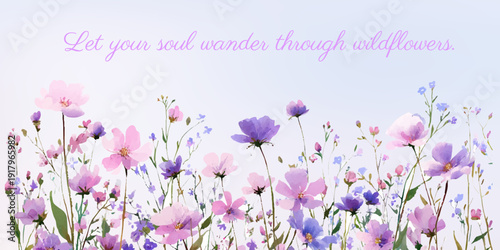 Delicate botanical illustration featuring pink blooms, daisies, and garden greenery. Soft pastel composition perfect for wedding invitations, cards, or decorative spring designs.