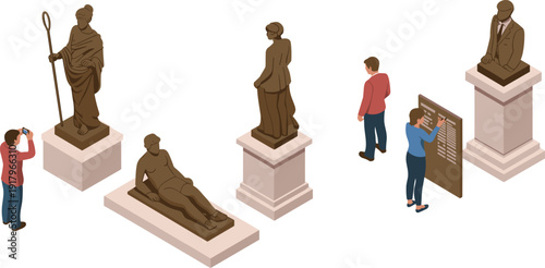 Isometric museum exhibition scene with visitors observing classical statues and reading information panel in art gallery illustration