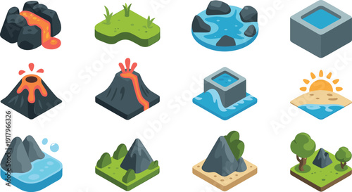Set of 12 isometric landscape icons with volcano eruption, lava flow, mountains, lake, beach, terrain vector collection