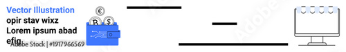 Online payments, fintech, digital transactions, business tools, e-commerce, financial security. Wallet with coins and desktop screen . Online payments and fintech concept