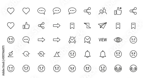 Social Media Emotions & Actions Line Icons. Digital Feedback & Engagement Set.