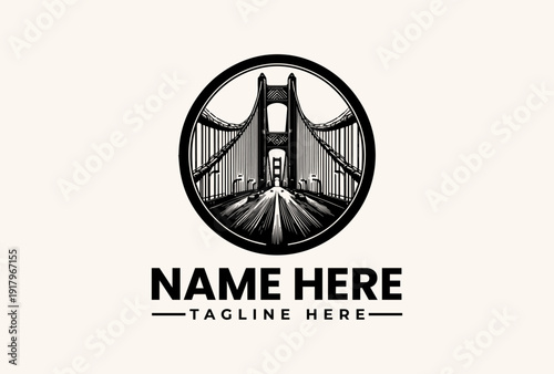 Black and white illustration of a suspension bridge icon within a circle, with space for a logo and tagline in a simple design.