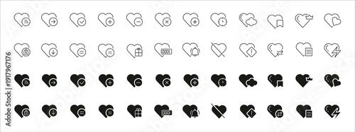Heart Bundle, Line and Solid Icons for Interaction, Health, Love, and Social Media Actions Editable
