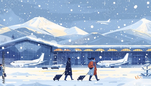 Winter travel season airport scene featuring passengers dressed in coats and warm attire