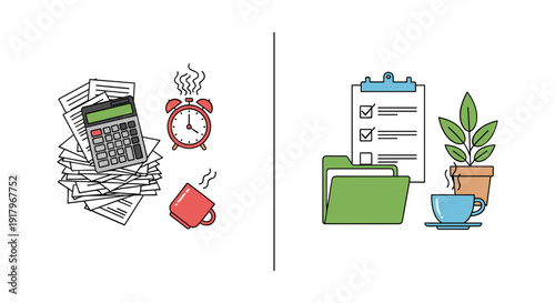 Tax stress relief concept — comparison of paperwork chaos and organized calm, split illustration on a transparent background
