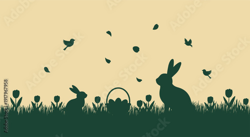 Easter spring silhouette scene with rabbits tulips egg basket flying birds and falling leaves for holiday greetings invitations posters packaging and seasonal marketing