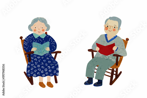 An illustration depicts a sweet elderly couple reading in rocking chairs