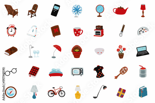 Colorful collection of various everyday objects and icons arranged on white