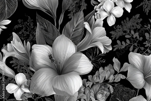 Black & white botanical illustration of various flowers and foliage in detailed design