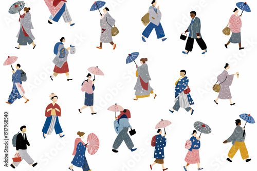 A collection of illustrated people walking with umbrellas and bags