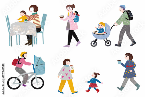 Illustrations of diverse parents with children in various everyday scenarios