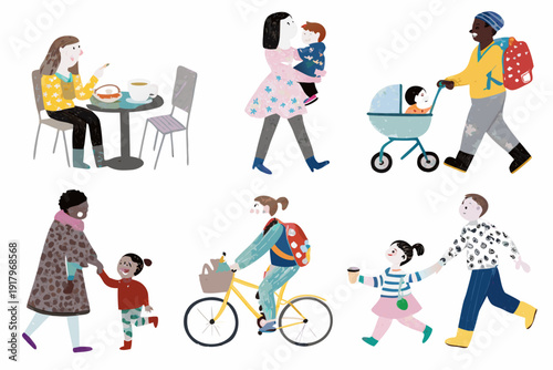 Diverse families engaging in everyday activities shown in a colorful illustration