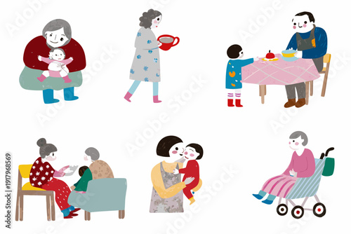Illustrative scenes depicting intergenerational family interactions and daily life