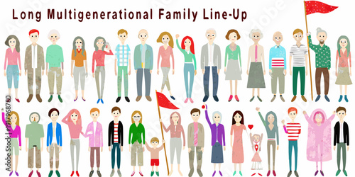 A long line of illustrated people representing a multigenerational family
