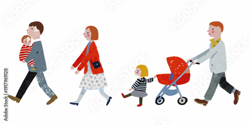 A family with a baby toddler and stroller walking in a line