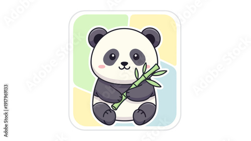 A cute cartoon panda holding bamboo on a colorful background.