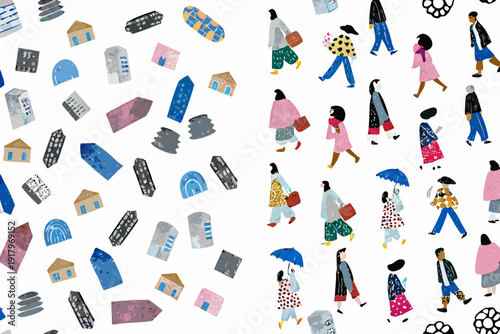 Stylized illustration of houses and people on a white background