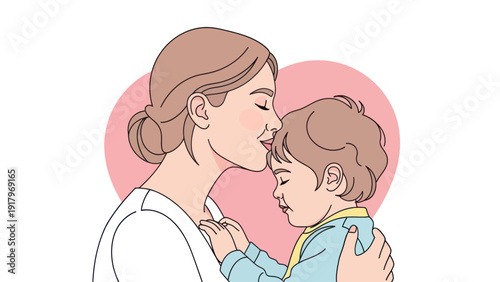Mother kissing her child tenderly with a heart background.