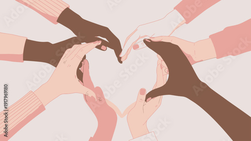 Diverse hands forming a heart shape, symbolizing unity and global community support.