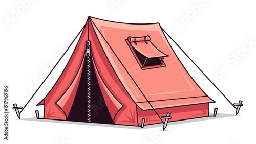 A cute pink tent with a zipper and window, ready for camping.