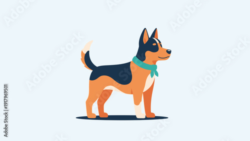 A cute and friendly cartoon dog with a bandana stands on a light background.