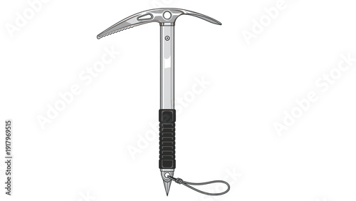 Illustration of a silver ice axe with black handle and wrist strap