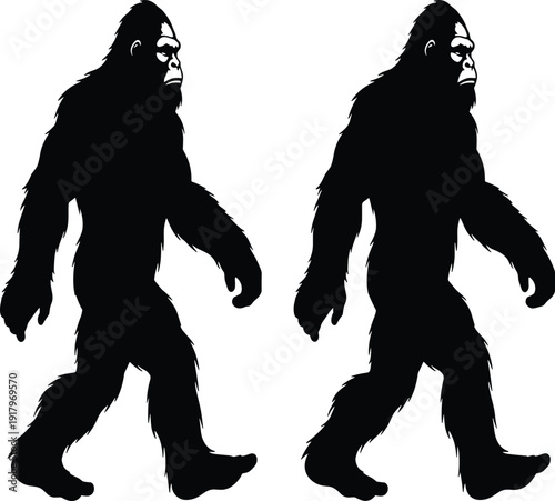 Black Silhouette Set of Bigfoot Sasquatch Cryptid Walking in Profile for Mystery Legend Folklore Forest Wilderness Mythical Creature and Paranormal Vector Illustration