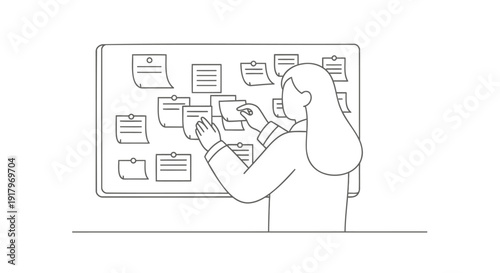 Businesswoman planning tasks on whiteboard with sticky notes, line art style vector illustration isolated on transparent background.