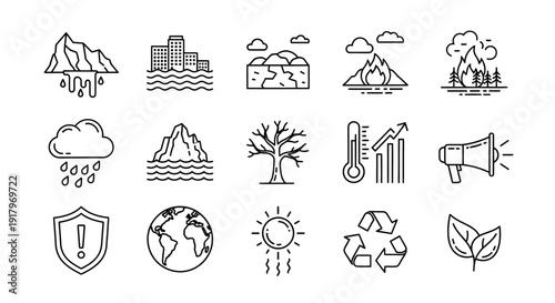 Set of simple line icons representing environmental concepts and elements.