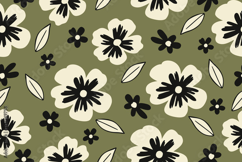 Minimal seamless floral pattern with cream blossoms and black accents on olive green background, perfect for modern textiles and stylish surface designs.