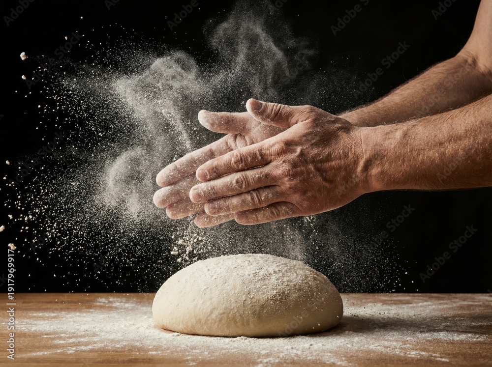 Obraz premium Hands kneading dough with flour on a wooden surface.
