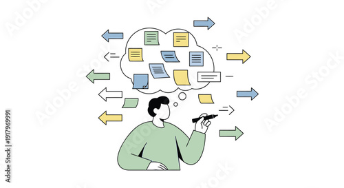 Businessman with thought bubble full of documents and arrows, symbolizing ideas and productivity.