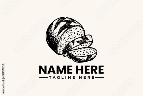 A black and white illustration of a hamburger with a customizable name and tagline on a clean background, featuring a logo and vector-style pictogram.