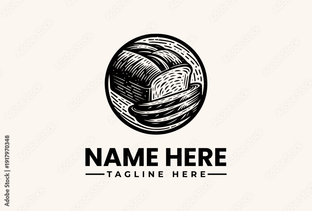 Fototapeta premium A black and white illustration of a bread loaf within a circular logo on a beige background with space for a company name and tagline.
