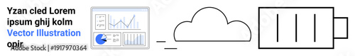 Dashboard with analytics charts, cloud icon, and battery graphic highlighting data storage, power, and technology. Ideal for cloud computing, data analysis, tech solutions, renewable power