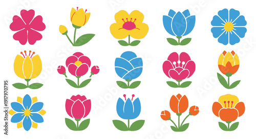 Colorful flower in various styles and colors flowers flat pink yellow