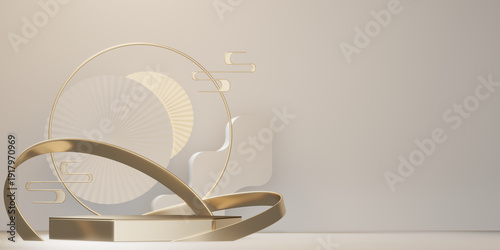 Chinese white and gold podium design on white background design. 3D rendering