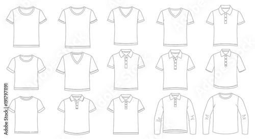 A collection of flat vector illustrations of various t-shirt and polo shirt styles for men, showcasing different necklines and sleeve lengths.