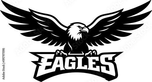 Eagles mascot with spread wings and talons, bald eagle sports team logo, athletic school emblem, powerful bird monochrome art