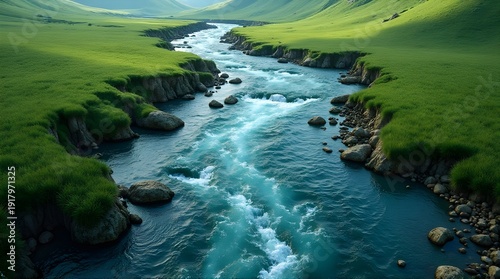 Flowing River Through Lush Green Valley With Rolling Hills and Rocky Riverbanks at Sunrise