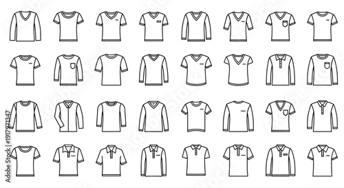 A comprehensive grid of various t-shirt and shirt outline icons showcasing different styles, necklines, and sleeve lengths for clothing design.